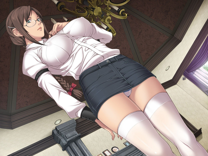 braid breasts brown_hair covered_nipples dutch_angle from_below game_cg glasses green_eyes hair_ornament hairclip impossible_clothes impossible_shirt large_breasts lingerie lips long_hair miniskirt mitarai_yuuna panties sei_shoujo shirt skirt solo standing starless striped striped_panties thighhighs twin_braids underwear upskirt white_legwear