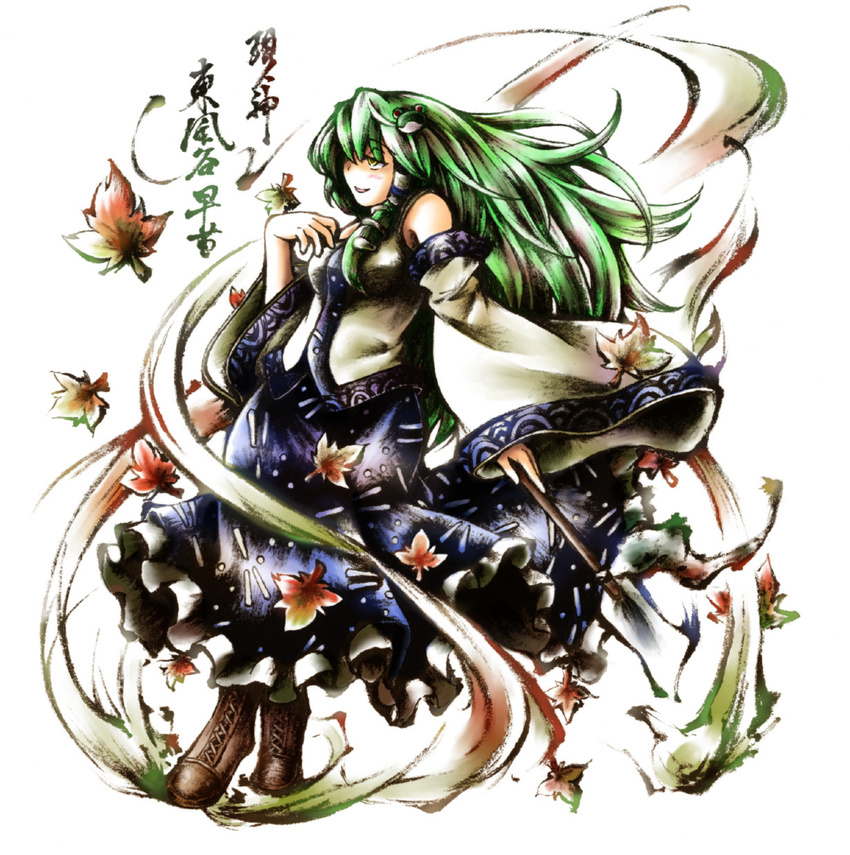 blush boots breasts detached_sleeves frog gohei green_hair hair_ornament hair_tubes highres kochiya_sanae leaf link163353 long_hair maple_leaf medium_breasts open_mouth skirt smile snake solo touhou traditional_media wind yellow_eyes