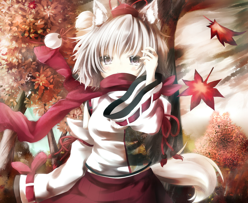 animal_ears autumn_leaves covering_mouth detached_sleeves floral_print forest hand_in_hair hat inubashiri_momiji nature red_scarf scarf shirt short_hair silver_eyes silver_hair skirt solo tail tokin_hat touhou tree umagenzin wind wolf_ears wolf_tail