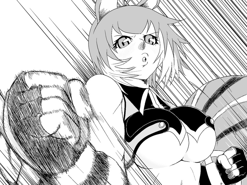 animal_ears arc_system_works blazblue blazblue:_continuum_shift breasts clenched_hand fingerless_gloves fist gloves highres makoto_nanaya monochrome punch punching short_hair squirrel_ears squirrel_tail tail underboob