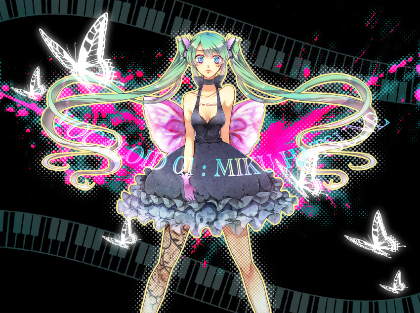 aqua_hair bare_shoulders blue_eyes bow bug butterfly butterfly_wings choker dress fishnet_pantyhose fishnets floating_hair gloves green_hair hatsune_miku heart insect instrument keyboard_(instrument) large_bow long_hair mismatched_legwear paint_splatter pantyhose solo star tattoo twintails very_long_hair vocaloid wings yuh