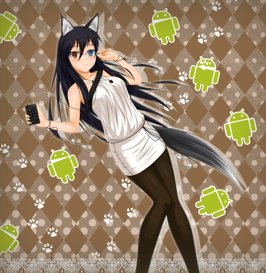 android_(os) animal_ears argyle argyle_background bare_shoulders black_hair black_legwear blue_eyes blush brown_eyes cellphone dress fashion glasses heterochromia highres long_hair midnight_(banyex) pantyhose phone polka_dot polka_dot_background skirt solo tail