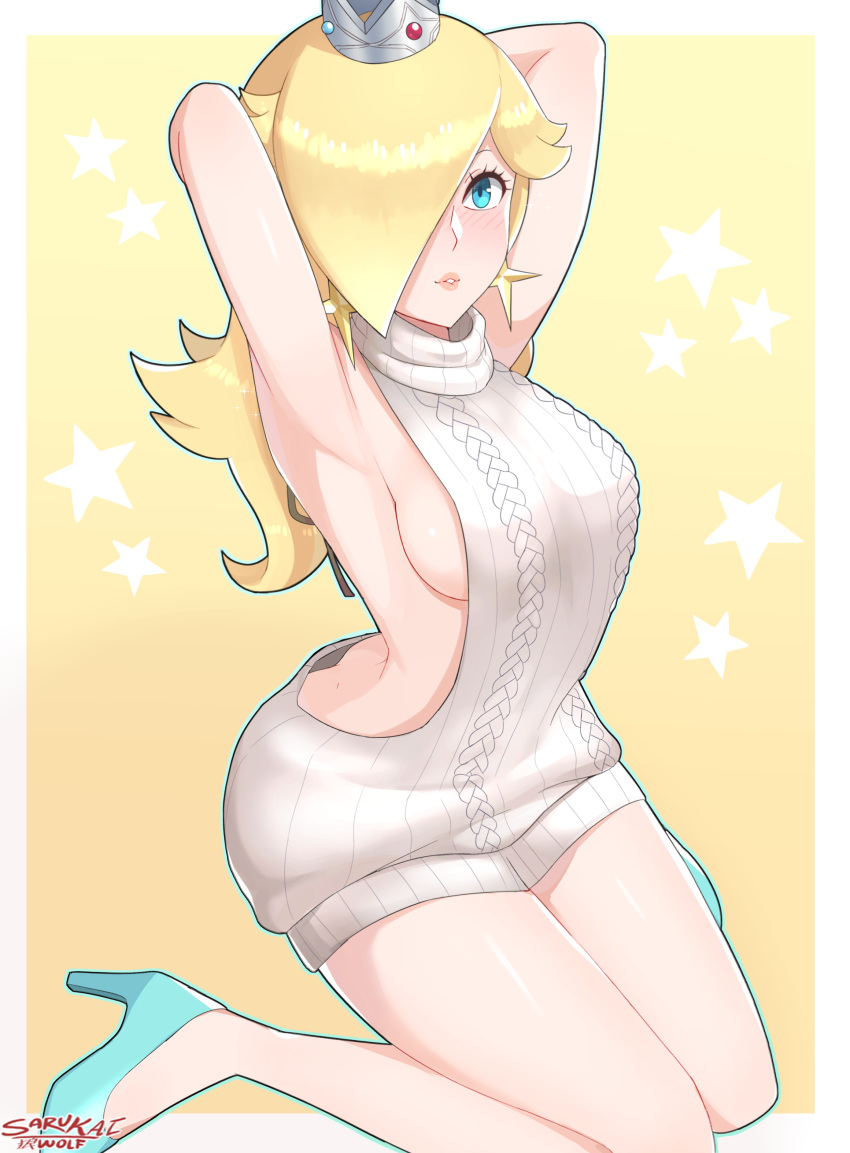 1girl absurdres aran_sweater armpits ass backless_dress backless_outfit bare_back bare_shoulders blonde_hair blue_eyes breasts butt_crack dimples_of_venus downpants dress hair_over_one_eye high_heels highres long_hair mario_(series) meme_attire naked_sweater nintendo ribbed_sweater rosetta_(mario) sarukaiwolf sideboob simple_background smile solo super_mario_bros. super_smash_bros. super_smash_bros._ultimate sweater sweater_dress turtleneck turtleneck_sweater virgin_killer_sweater