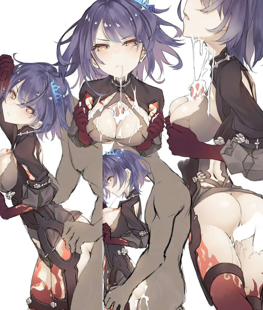 1boy 1girl against_wall alice_(sinoalice) ass blue_hair breast_squeeze breasts censored choker cleavage cleavage_cutout closed_mouth cum cum_in_mouth cum_on_body cum_on_breasts cum_on_upper_body dark_persona eyebrows_visible_through_hair hair_ornament half-nightmare happy_turn2 highres jewelry leaning leaning_forward looking_at_viewer medium_breasts multicolored multicolored_skin multiple_views open_mouth overflow paizuri pale_skin red_eyes revealing_clothes sex short_hair simple_background sinoalice tattoo v-shaped_eyebrows white_background