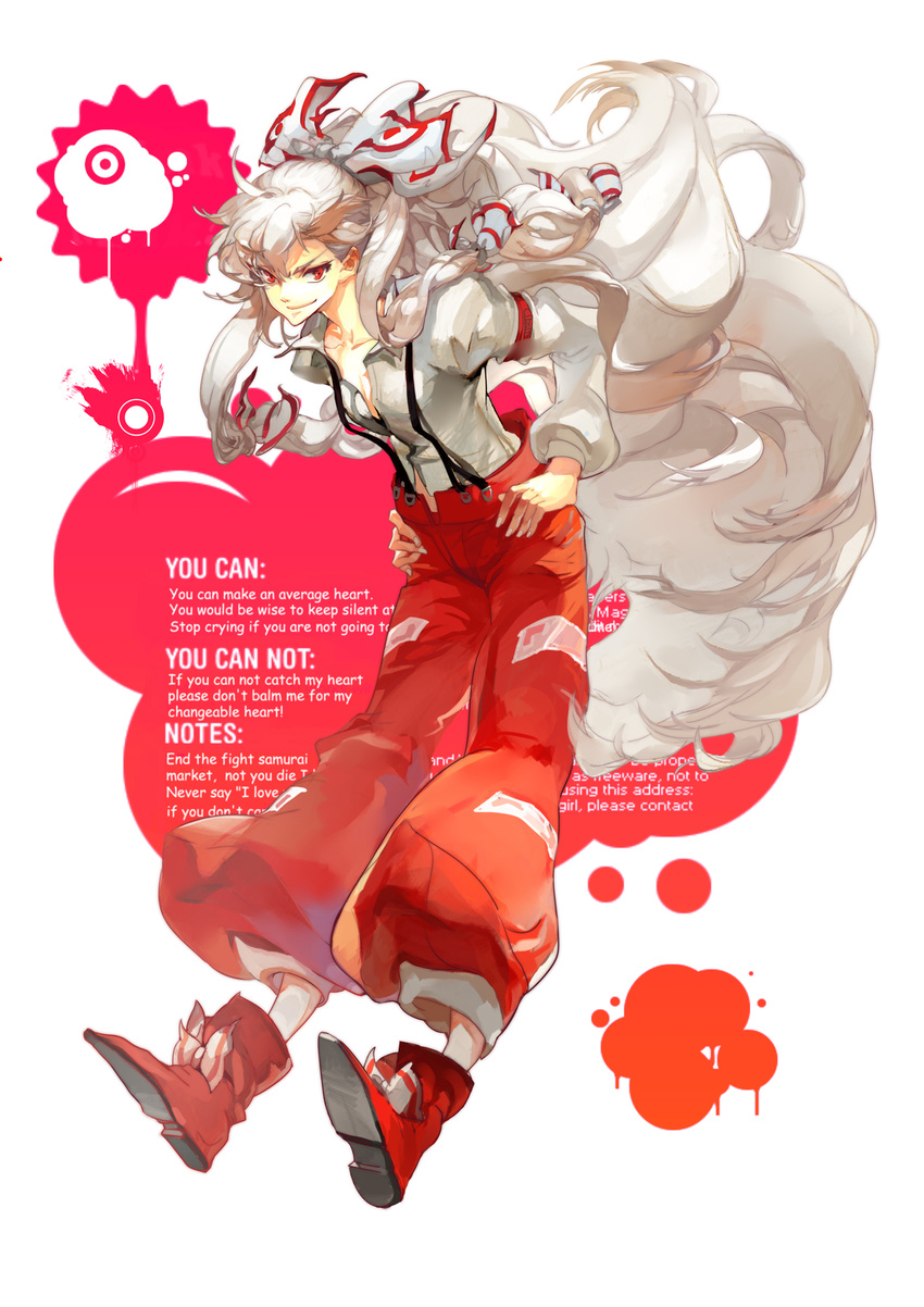 boots bow coffeefox33 english engrish fujiwara_no_mokou full_body hair_bow hands_on_hips highres long_hair open_clothes open_shirt pants ranguage red_eyes shirt silver_hair simple_background smirk solo suspenders touhou very_long_hair