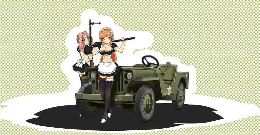 apron bipod breasts browning_m1919 car cleavage frills garters ground_vehicle gun hair_ornament hair_ribbon highres holster hu_sea jeep large_breasts m1918_bar machine_gun maid maid_headdress military military_vehicle motor_vehicle multiple_girls original polka_dot polka_dot_background ribbon thighhighs weapon zettai_ryouiki