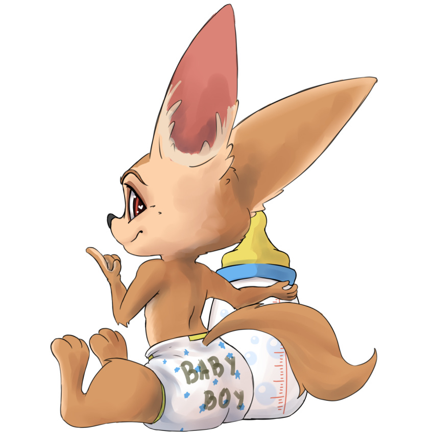 ageplay anthro big_ears bottle canid canine diaper disney fennec finnick fox kuuneho looking_at_viewer male mammal paws sitting smile solo zootopia