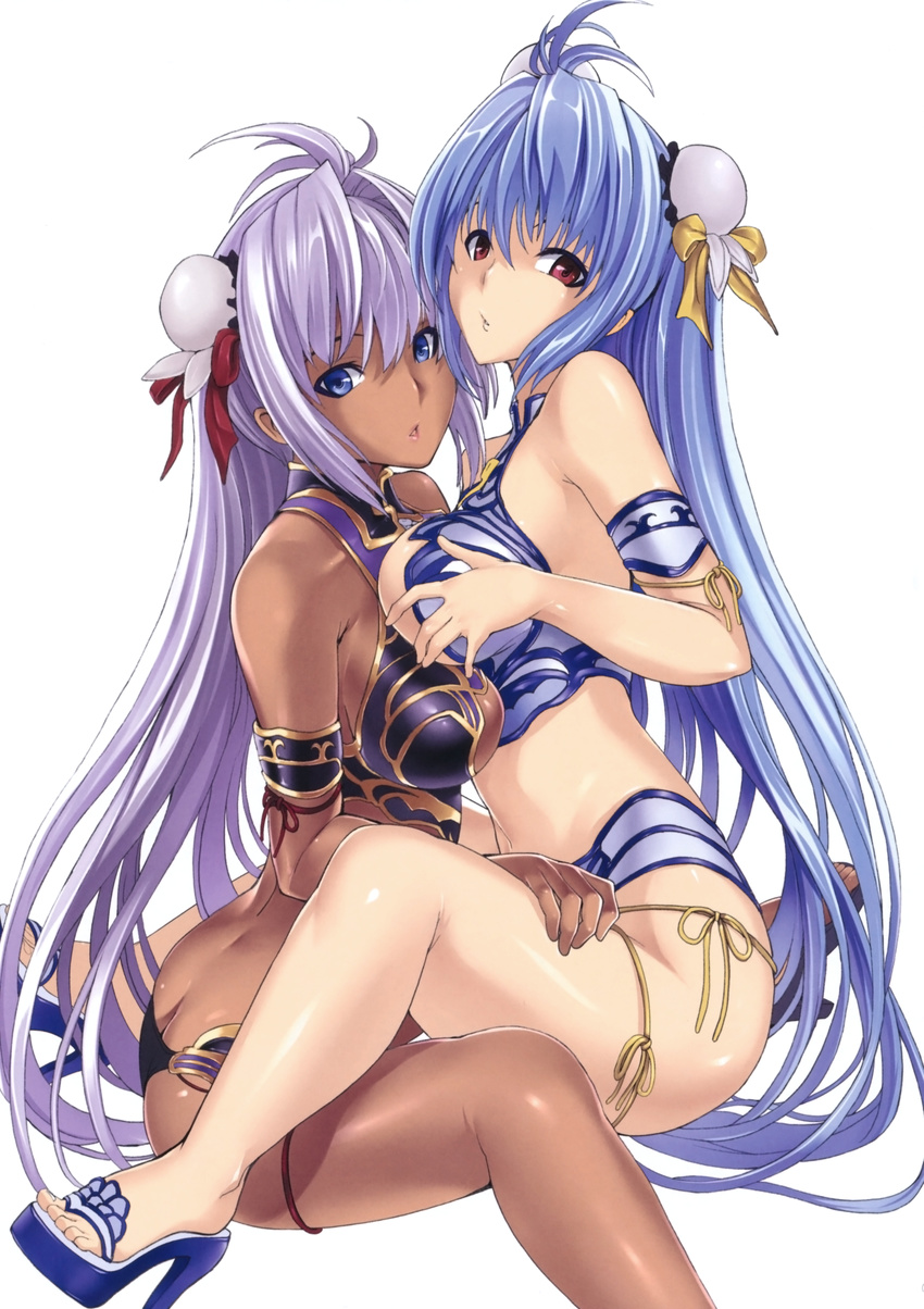 absurdres android armlet ass asymmetrical_docking bare_shoulders bikini blue_eyes blue_hair breast_press breasts bun_cover butt_crack cyborg dark_skin hakaba_(dairiseki) high_heels highres kos-mos large_breasts legs long_hair looking_at_viewer multiple_girls open_mouth platform_footwear purple_hair red_eyes sandals scan shoes side-tie_bikini sidelocks silver_hair simple_background sitting spread_legs swimsuit t-elos thighs very_long_hair white_background xenosaga xenosaga_episode_iii