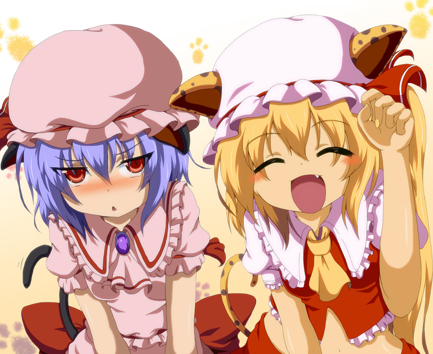 :&lt; ^_^ animal_ears ascot bat_wings blonde_hair blue_hair blush cat_ears cat_tail closed_eyes dr._cryptoso fang flandre_scarlet hat highres kemonomimi_mode midriff multiple_girls open_mouth paw_pose remilia_scarlet shirt short_hair siblings side_ponytail sisters skirt skirt_set slit_pupils smile tail tears touhou wings