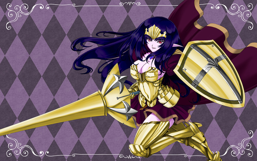 alternate_color annelotte argyle argyle_background armor armored_dress boots breasts cape cleavage dark_persona gauntlets inoino lance large_breasts legs lipstick long_hair makeup pale_skin pointy_ears polearm purple_background purple_hair purple_skin queen's_blade queen's_blade_rebellion red_eyes shield sideboob thigh_boots thighhighs thighs tiara weapon