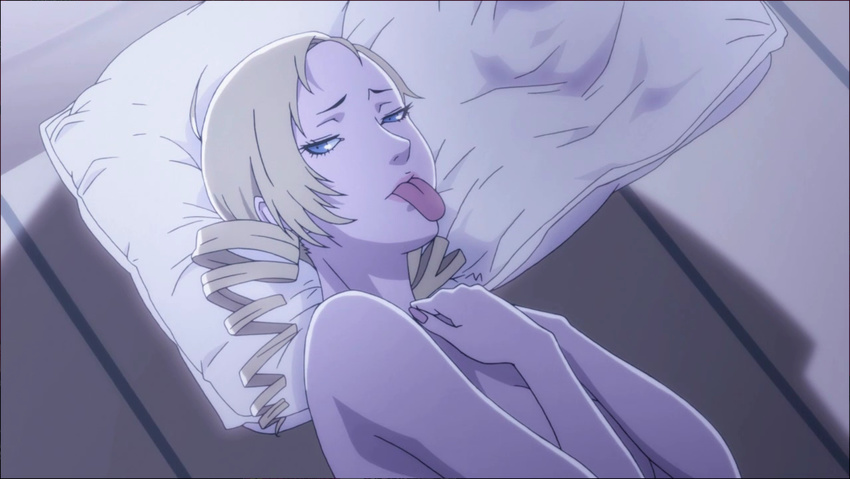 :p blonde_hair blue_eyes catherine catherine_(game) drill_hair naughty_face pillow screenshot tongue topless