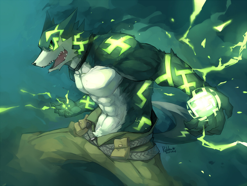 ?? abs anthro belt biceps canine clothing fangs fur glowing glowing_eyes green_eyes grey_fur grin male mammal muscles open_mouth pants pecs pose robbw smile solo standing teeth toned tongue topless wolf