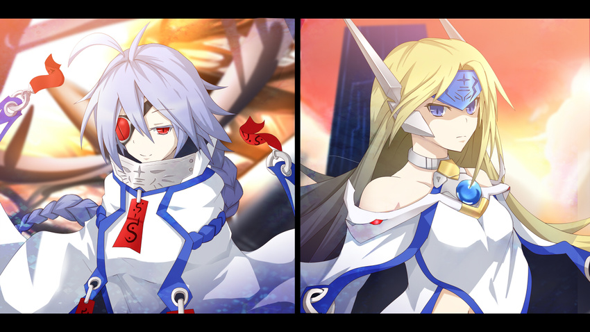 2girls arc_system_works blazblue blonde_hair blue_eyes cape eyepatch headdress mu-12 multiple_girls nu-13 smile