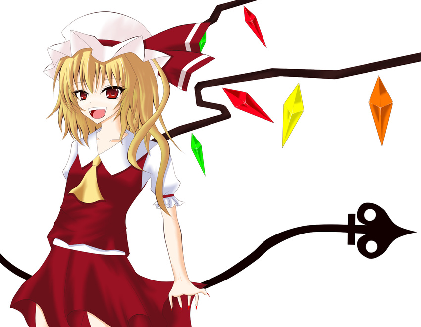 blonde_hair fang flandre_scarlet gmot hat highres red_eyes side_ponytail solo touhou wings