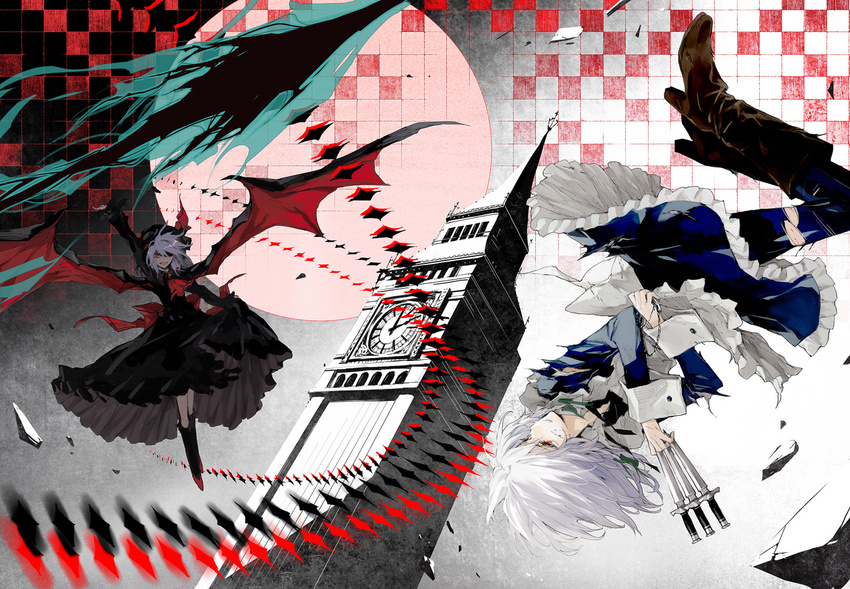 alternate_color bat_wings boots bow braid checkered checkered_background clock clock_tower dress hat high_heels izayoi_sakuya knife lavender_hair maid maid_headdress minakata_sunao multiple_girls red_eyes remilia_scarlet shoes short_hair silver_hair smile spear_the_gungnir touhou tower twin_braids wings