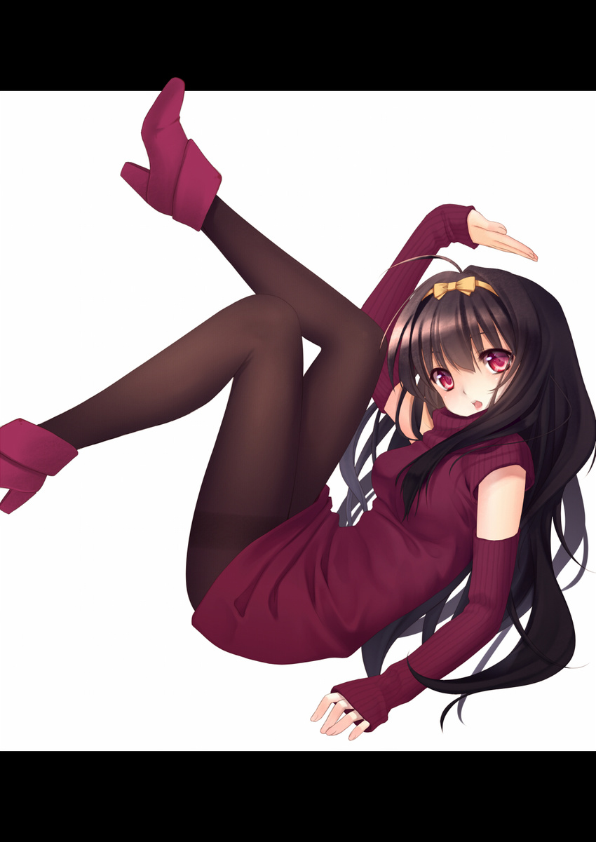 bad_id bad_pixiv_id black_hair bow detached_sleeves dress hair_bow hairband highres letterboxed long_hair nana_mikoto original pantyhose red_eyes solo sweater sweater_dress thighband_pantyhose turtleneck