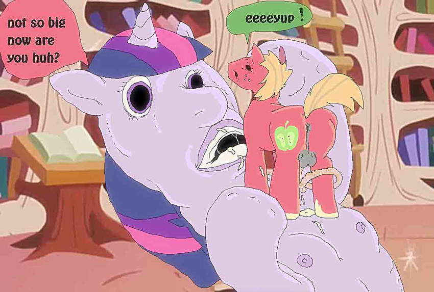 anus applebeans balls big_macintosh_(mlp) compression_artifacts cum cutie_mark dialogue english_text equine female friendship_is_magic hair horse macro male my_little_pony nipples off_model penis pony retarded straight tail twilight_sparkle_(mlp) unicorn what