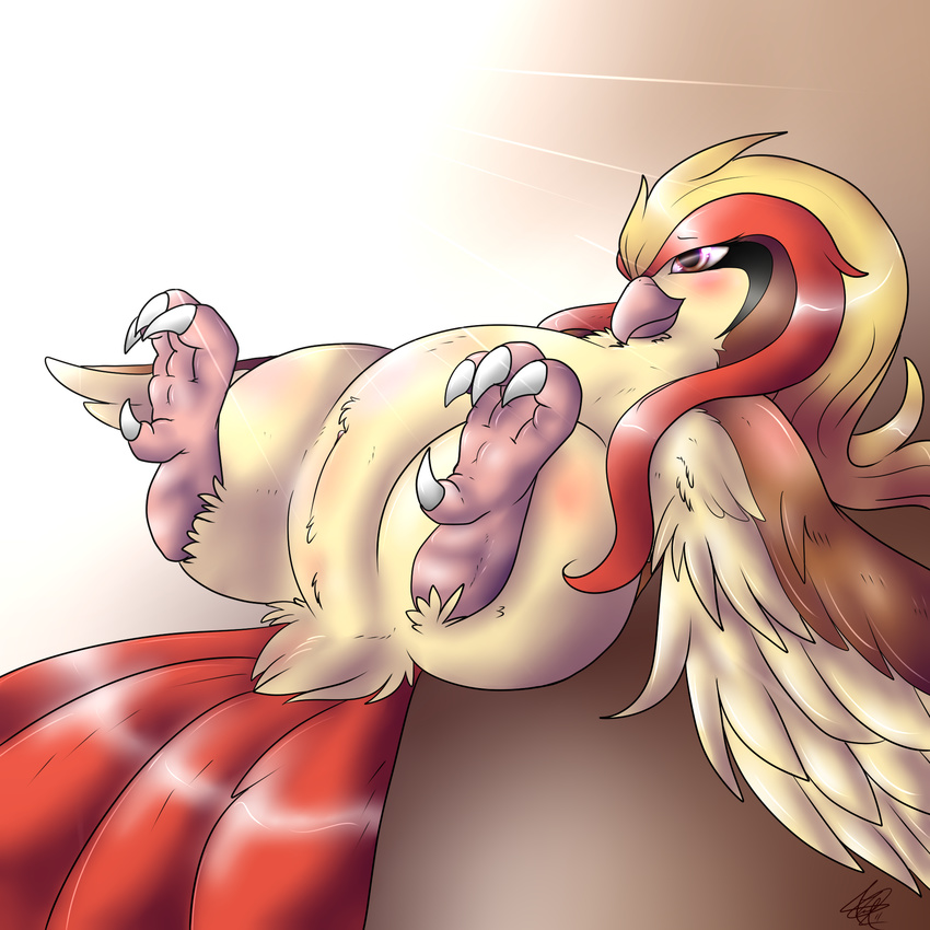 beak bird blush clitoris feathers female feral hair legs_in_air legs_up long_hair lying nintendo nude on_back pidgeot plain_background pok&#233;mon pok&eacute;mon pussy shikaro solo spread_legs spreading video_games wings