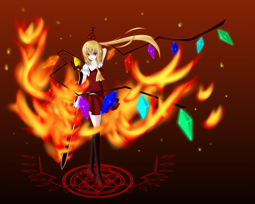 blonde_hair fiery_wings fire flandre_scarlet gmot highres magic_circle red_eyes side_ponytail solo sword touhou weapon wings