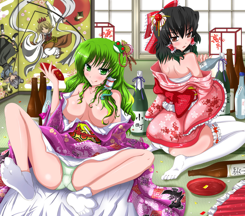 alcohol animal_ears bad_id bad_pixiv_id bishamonten's_pagoda bishamonten's_spear black_hair blonde_hair blush bottle breasts breasts_apart brown_eyes brown_hair censored convenient_censoring dowsing_rod dress floral_print folding_screen frog furisode garters green_eyes green_hair green_panties grey_hair hair_ornament hair_tubes hakurei_reimu highres japanese_clothes kado kimono kochiya_sanae large_breasts legs licking_lips mouse_ears multiple_girls naughty_face nazrin off_shoulder open_clothes open_dress open_mouth outstretched_hand panties polearm purple_dress red_dress sake shawl sitting smile snake spear spread_legs tabi tatami thighhighs thighs tongue tongue_out toramaru_shou touhou underwear weapon white_legwear white_panties window yellow_eyes