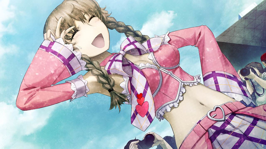 :d alternate_costume amane_suzuha armpits belt bow bowtie braid breasts brown_hair camera cleavage closed_eyes cloud comiket day detached_sleeves dutch_angle game_cg hand_on_hip heart huke jpeg_artifacts landmark medium_breasts midriff navel necktie official_art open_mouth outdoors pose sky smile steins;gate sweatdrop tokyo_big_sight twin_braids v_over_eye