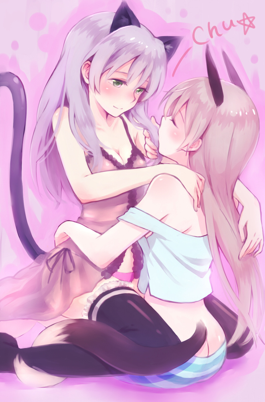 alternate_hairstyle animal_ears arm_around_waist ass babydoll bare_shoulders black_legwear blonde_hair blush breasts cat_ears cat_tail cleavage closed_eyes couple eila_ilmatar_juutilainen fox_ears fox_tail green_eyes hair_grab hair_kiss highres kiss lap lingerie long_hair medium_breasts multiple_girls panties sanya_v_litvyak side-tie_panties silver_hair sitting smile straddling strap_slip strike_witches striped striped_panties tail tail_wrap thighhighs underwear upright_straddle world_witches_series yukiiti yuri