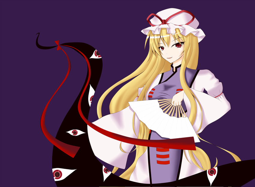 blonde_hair fan gap gmot hat long_hair red_eyes solo touhou yakumo_yukari