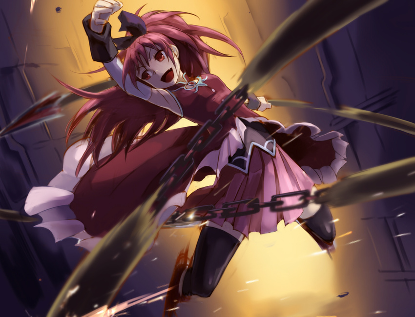 bare_shoulders black_legwear boots bow chain hair_bow highres iwaya mahou_shoujo_madoka_magica motion_blur ponytail red_eyes red_hair sakura_kyouko solo thighhighs weapon zettai_ryouiki