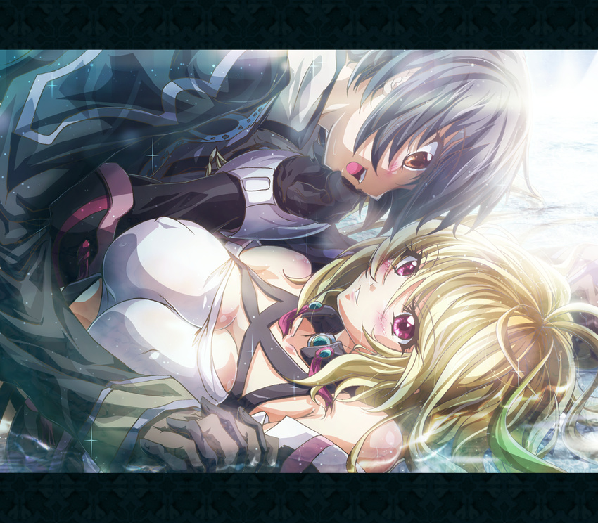 1girl black_hair blonde_hair breasts brown_eyes choker cleavage couple gloves hetero highres holding_hands inoshishi_(ikatomo) jude_mathis large_breasts letterboxed long_hair milla_maxwell red_eyes smile tales_of_(series) tales_of_xillia