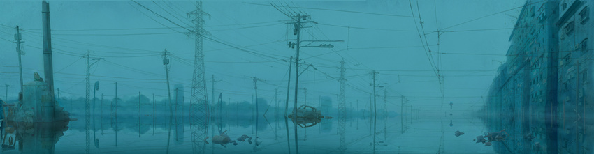 city cloud cloudy_sky flood highres ishida_hiroyasu junk long_image muted_color no_humans power_lines rain rain_town reflection scenery sky telephone_pole traffic_light transformer water wide_image