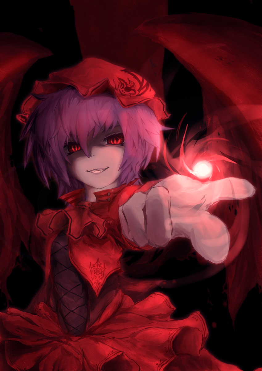 alternate_costume ascot dress energy_ball foreshortening grin hat highres kanchigai lavender_hair outstretched_arm red_eyes remilia_scarlet shaded_face short_hair slit_pupils smile solo touhou upper_body wings