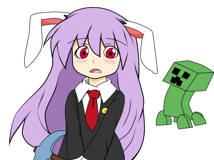 animal_ears bad_source blush bunny_ears creeper d: hangaku highres keychain_(artist) long_hair minecraft necktie open_mouth pickaxe purple_hair red_neckwear reisen_udongein_inaba solo touhou transparent_background v_arms weapon