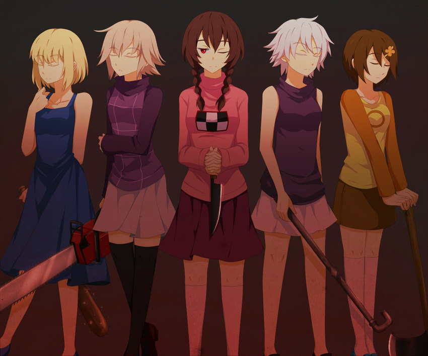 5girls axe baseball_bat black_legwear braid chainsaw chie_(lcddem) closed_eyes colored_eyelashes dress kneehighs knife kuroha_ai lcddem lead_pipe long_hair madotsuki multiple_girls nail nail_bat one_eye_closed pink_shirt purple_skirt red_eyes sabitsuki shirt skirt thighhighs twin_braids twintails urotsuki usotsuki weapon yume_2kki yume_nikki yume_nisshi