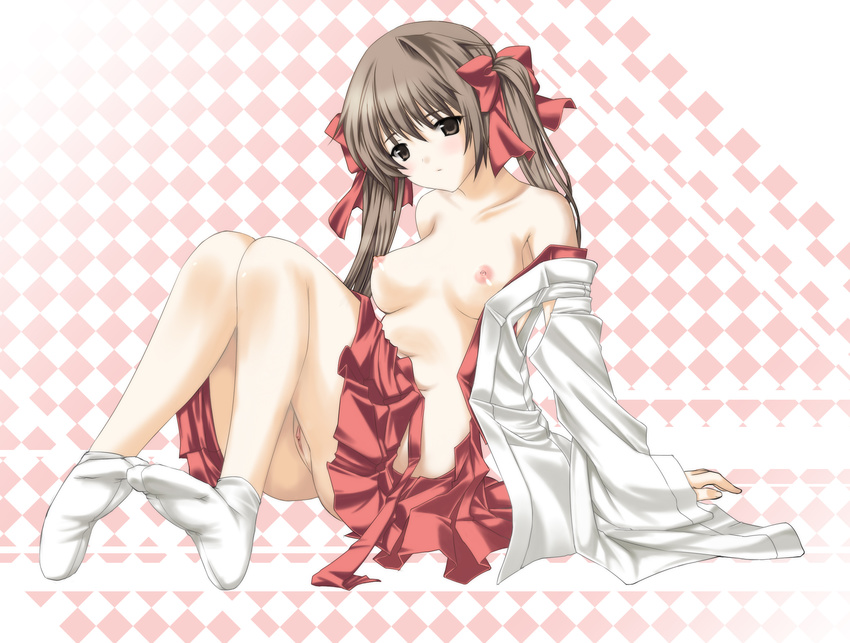 arm_support bad_id bad_pixiv_id bare_shoulders blush bow breasts brown_eyes brown_hair checkered checkered_background collarbone hair_bow highres japanese_clothes knees_touching kuro_(kuronell) long_hair medium_breasts miko navel nipples off_shoulder open_clothes open_shirt original pussy shirt sitting skirt skirt_pull socks solo tabi twintails white_legwear