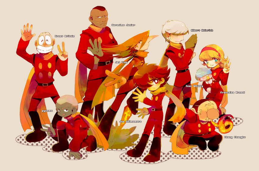 1girl 6+boys albert_heinrich baby bald bangs black_hair blonde_hair blue_hair brown_hair chang_changku character_name cyborg_009 dark-skinned_male dark_skin fire francoise_arnoul geronimo_jr gray_hair great_britain_(cyborg_009) grey_hair highres ivan_whisky jet_link kinako_(462) long_hair long_nose multiple_boys pyunma scarf shimamura_j? shimamura_joe shimamura_jÃ¥Â smile solo uniform