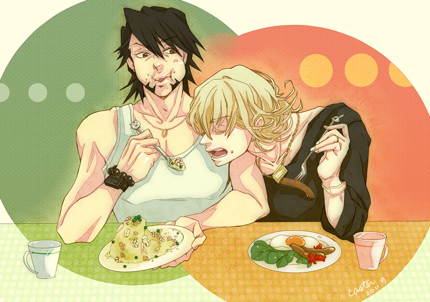 bad_id bad_pixiv_id barnaby_brooks_jr blonde_hair brown_eyes brown_hair caster5mg cup eating egg facial_hair food fork fried_rice glasses highres jewelry kaburagi_t_kotetsu multiple_boys necklace puffy_cheeks sausage short_hair stubble tank_top tiger_&amp;_bunny