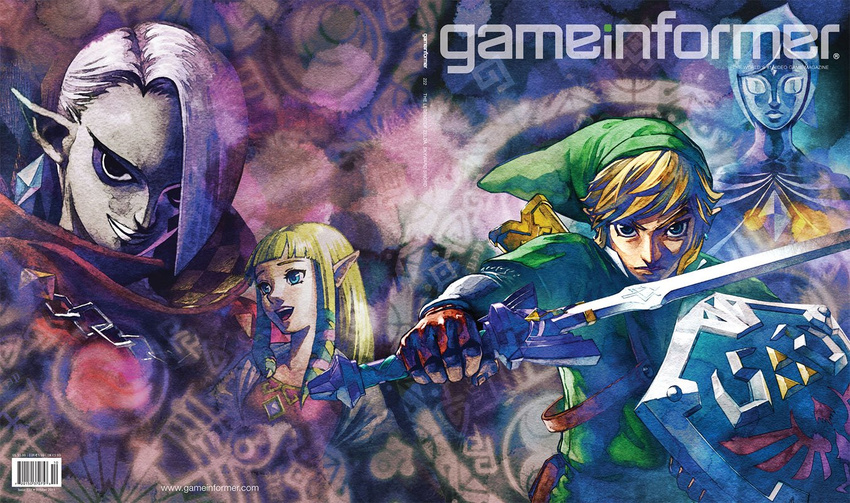 2girls artist_request cover cover_page fi frown ghirahim link master_sword multiple_boys multiple_girls official_art princess_zelda shield sword the_legend_of_zelda the_legend_of_zelda:_skyward_sword weapon