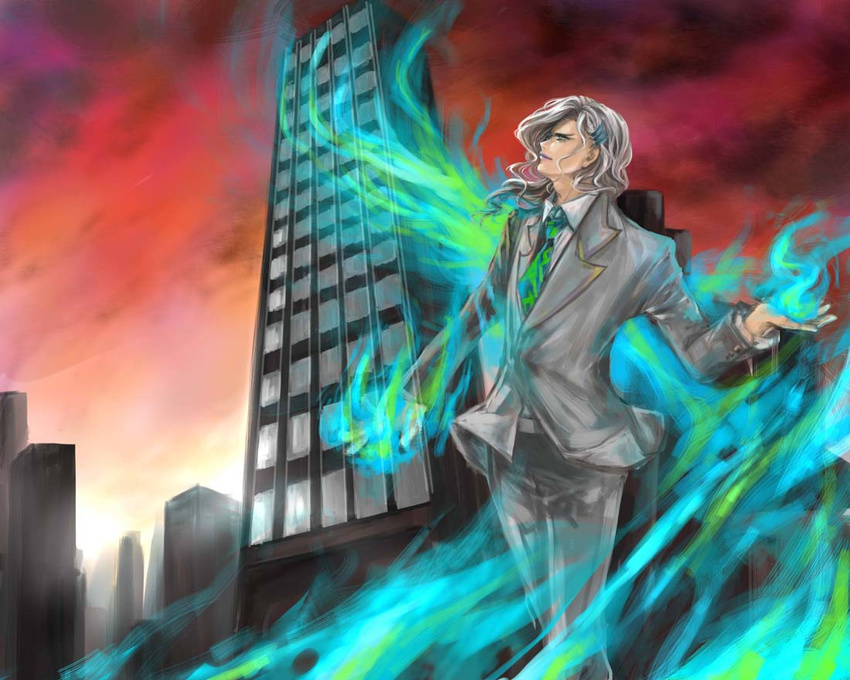 dkuwui fire formal green_fire grey_hair hair_ornament hairclip lips long_hair male_focus necktie pale_skin ponytail pyrokinesis solo suit tiger_&amp;_bunny yuri_petrov