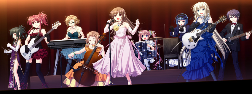 6+girls absurdres aqua_eyes band bare_shoulders bass_guitar black_legwear blonde_hair blue_dress blue_eyes blue_hair blue_legwear bob_cut bow bow_(instrument) bowtie braid breasts bridal_gauntlets brown_eyes brown_hair cello character_request china_dress chinese_clothes cleavage closed_eyes concert dress drum drum_set drumsticks earrings electric_guitar everyone fender flat_chest flower frilled_skirt frills game_cg glasses gloves green_eyes green_hair guitar hair_ornament hanagusuku_atori highres instrument jewelry kayaba_akaneko keyboard_(instrument) large_breasts long_hair microphone microphone_stand minamoto_rui miniskirt multiple_boys multiple_girls music narutaki_koyori necklace open_mouth otoko_no_ko pink_dress pink_hair ponytail purple_eyes purple_hair quad_braids red_eyes red_hair rui_wa_tomo_wo_yobu saeki_hokuto sainohara_megumu shirasaya_iyo short_hair singing skirt smile thighhighs triangle_(instrument) twintails very_long_hair wakutsu_tomo whammy_bar white_legwear yun_yenfei