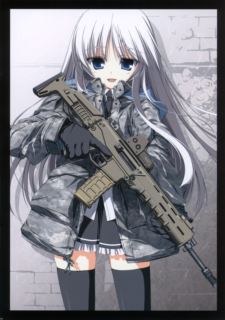 absurdres assault_rifle black_legwear blue_eyes bushmaster_acr gloves gun highres jacket jormungand koko_hekmatyar long_hair looking_at_viewer open_mouth rifle scan silver_hair skirt smile solo standing suzuri_(tennenseki) thighhighs trigger_discipline weapon windowboxed zettai_ryouiki zipper