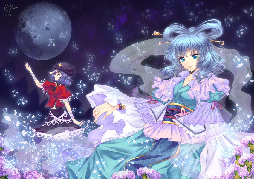 bandages blue_eyes blue_hair bracelet carnation flower full_moon hair_ornament hair_rings hairpin hat jewelry jiangshi kaku_seiga miyako_yoshika moon multiple_girls obi petals riyun_(halodark) sash touhou