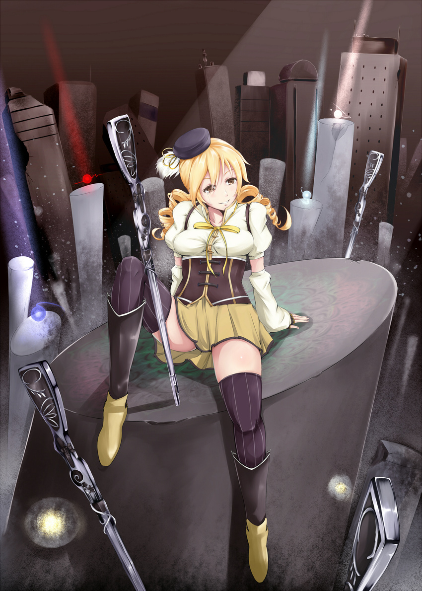 absurdres bad_id bad_pixiv_id beret blonde_hair boots breasts building corset detached_sleeves drill_hair fingerless_gloves gloves gun hair_ornament happy_tears hat highres irohasu magical_girl magical_musket mahou_shoujo_madoka_magica medium_breasts pleated_skirt puffy_sleeves skindentation skirt skyscraper smile solo striped striped_legwear tears thighhighs tomoe_mami vertical-striped_legwear vertical_stripes weapon yellow_eyes