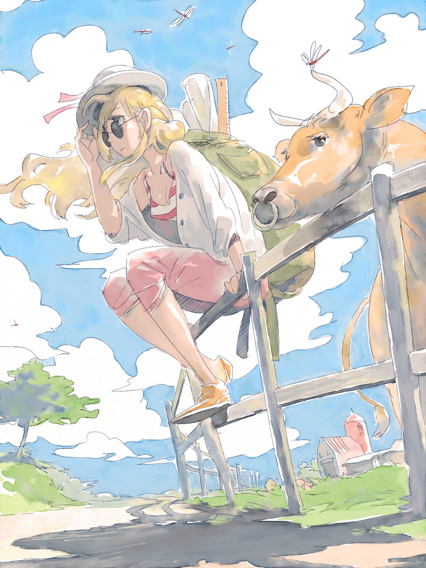 backpack bad_id bad_pixiv_id bag barn blonde_hair breasts bug cleavage cloud cow day dragonfly fence from_below from_ground grass hand_on_headwear hand_up hat highres horns insect long_hair medium_breasts open_clothes open_shirt original pomodorosa shadow shirt sitting sitting_on_object sky solo striped sunglasses tree wind