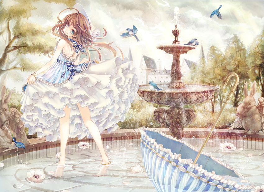 anklet bad_id bad_pixiv_id barefoot bird blonde_hair blue_eyes bluebird bow bracelet bunny dress flower fountain frills from_behind gathers hair_bow hair_ornament hair_ribbon hat highres jewelry lace long_hair looking_back mansion namari_iro original parasol ribbon skirt_hold smile solo statue sun_hat tiptoes tree umbrella wading water