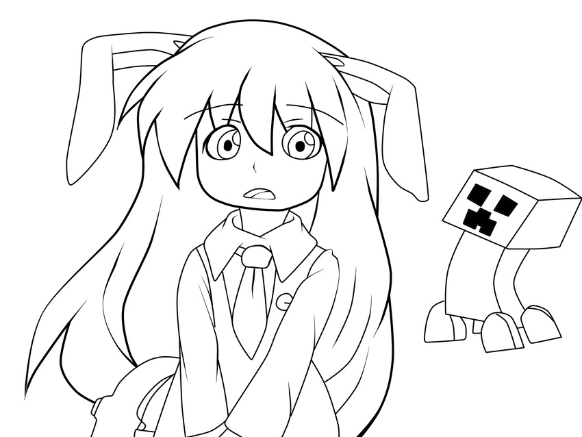 animal_ears bad_source bunny_ears creeper d: hangaku highres keychain_(artist) lineart long_hair minecraft necktie open_mouth pickaxe reisen_udongein_inaba solo touhou transparent_background v_arms weapon