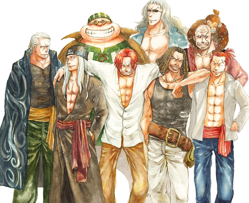 abs ben_beckman brown_hair hairlocs hat highres kusaco long_coat lucky_roux monkey multiple_boys one_piece open_clothes open_shirt ponytail red_hair shanks shirt short_hair smile tank_top traditional_media watercolor_(medium) white_hair yasopp