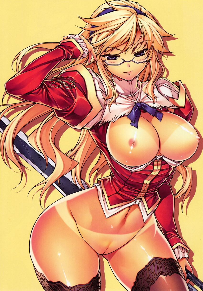 arched_back black_legwear blonde_hair blue_eyes blush bottomless bow breasts cross_make freezing glasses groin hairband headband highres hips large_breasts long_hair navel nipples no_bra no_panties pussy satellizer_el_bridget solo soo-hyon_lee sword tan tanline thighhighs uncensored weapon wide_hips