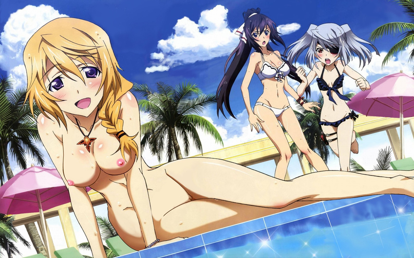 3girls bikini black_hair blonde_hair blue_sky braid breasts charlotte_dunois cloud eyepatch female grey_hair highres infinite_stratos jewelry laura_bodewig long_hair multiple_girls naked necklace nipples nude nude_filter outdoors palm_tree photoshop ponytail pool purple_eyes pussy shinonono_houki sky swimsuit tree twintails umbrella uncensored undressing water
