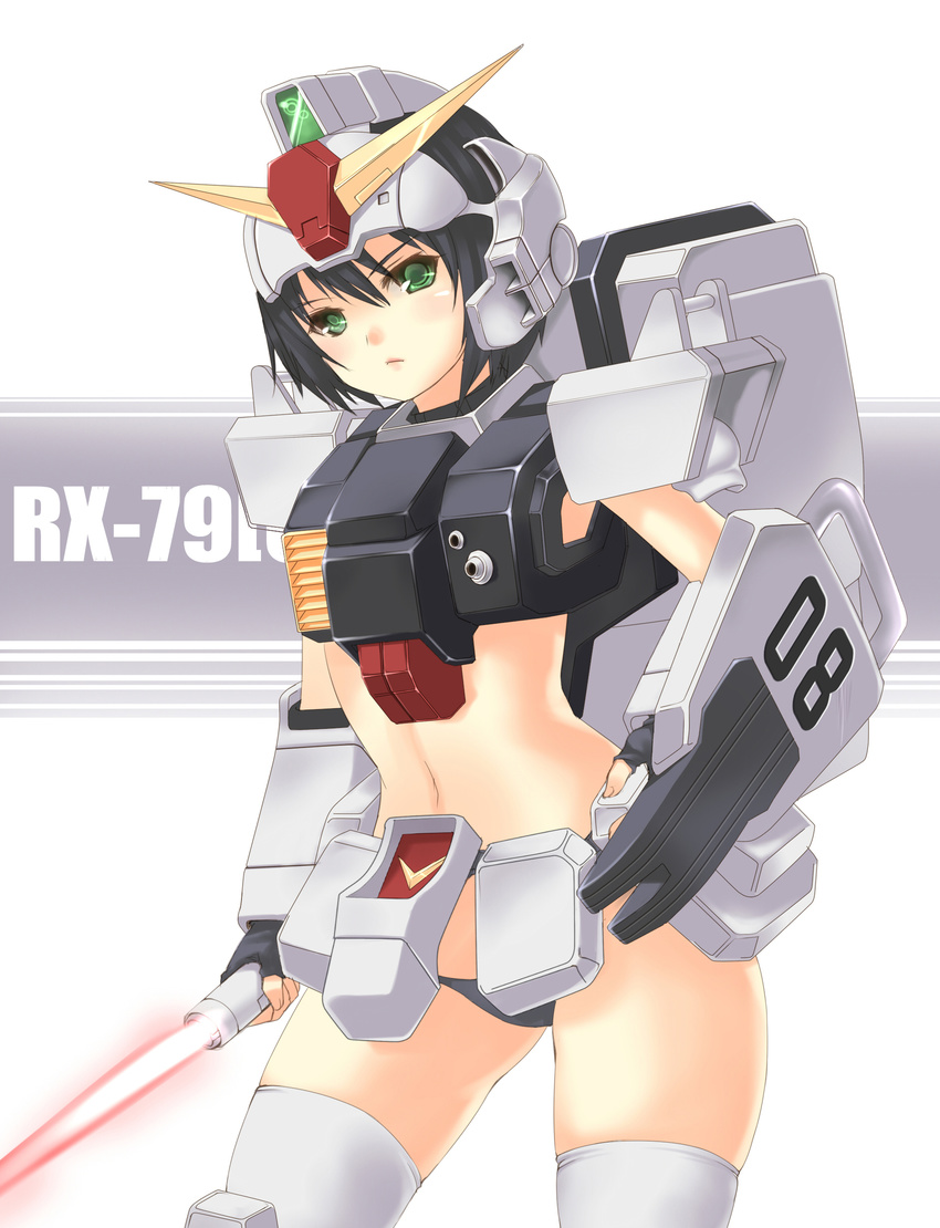 absurdres armor bad_id bad_pixiv_id bikini_armor black_hair black_panties blush energy_sword fingerless_gloves gloves green_eyes ground_gundam gundam gundam_08th_ms_team highres kuro_(kuronell) looking_at_viewer mecha_musume midriff navel panties personification shield short_hair skindentation solo sword thighhighs underwear weapon white_legwear