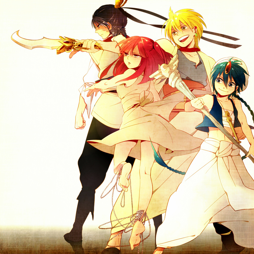 3boys aladdin_(magi) ali_baba_saluja ankle_cuffs anklet arabian_clothes baggy_pants barefoot black_hair blonde_hair blue_eyes blue_hair braid chain earrings flute highres instrument jewelry kgr_(paipooo) long_hair magi_the_labyrinth_of_magic mole morgiana multiple_boys one_side_up pants red_hair ren_hakuryuu scar single_braid staff sword turban weapon yellow_eyes